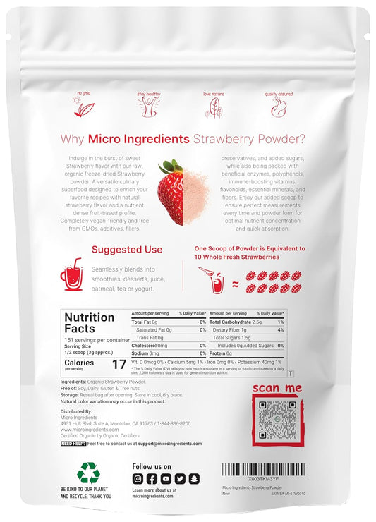 Organic Strawberry Powder, 1 Lb | 100% Natural Fruit Powder | Freeze-Dried Strawberries Source | No Sugar & Additives | Great Flavor For Drinks, Smoothie, & Beverages | Non-Gmo & Vegan Friendly