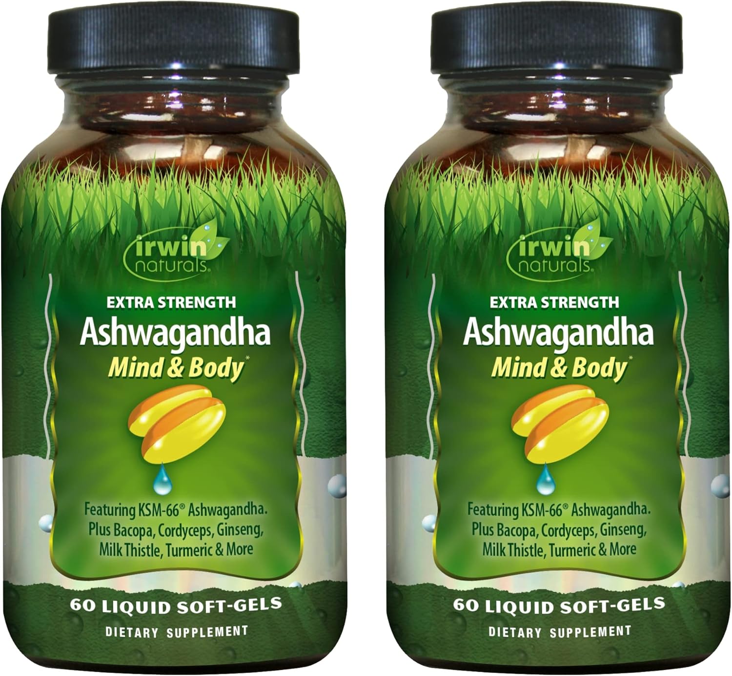 Irwin Naturals Extra Strength Ashwagandha - 60 Liquid Soft-Gels - Helps Boost Physical & Mental Performance - With Tumeric & Milk Thistle - 60 Servings