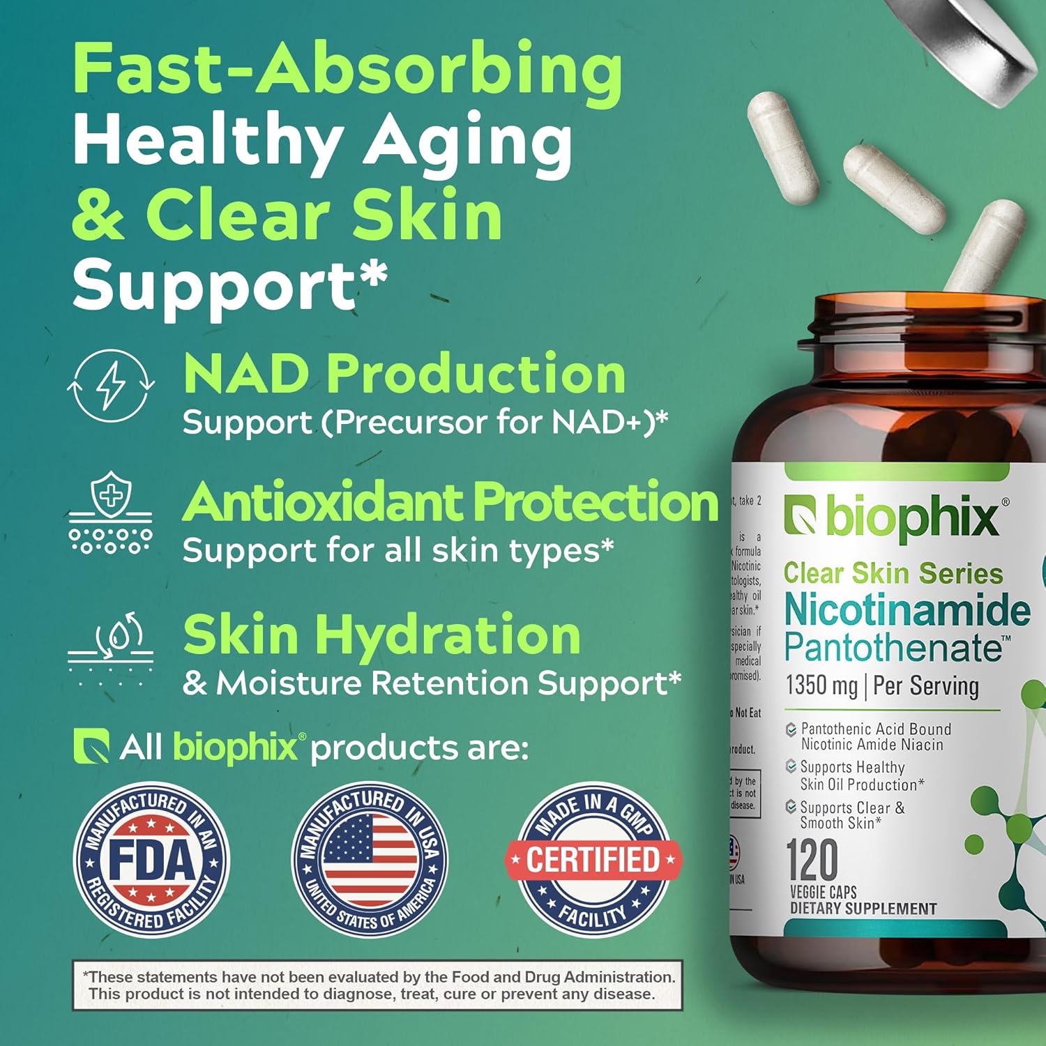 Biophix B-3 Nicotinamide Pantothenate 1350 Mg 120 Vcaps - Clear Skin Series B5 Pantothenic Acid Natural Flush-Free Nicotinic Amide Niacin - Supports Skin Cell Health : Health & Household