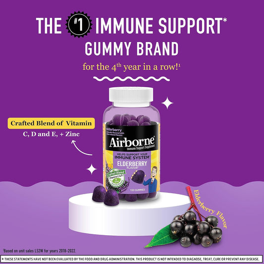 Airborne Elderberry + Zinc & Vitamin C Gummies For Adults, Immune Support Vitamin D & Zinc Gummies With Powerful Antioxidant Vitamins C D & E - 130 Gummies, Elderberry Flavor