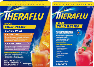 Theraflu Combo Daytime & Nighttime Severe Cold Relief Honey Lemon Flavor Powder & Daytime Severe Cold Relief Berry Burst Flavor Powder, 6 Daytime + 6 Nighttime, & 6 Berry Burst Flavored Powder Packets