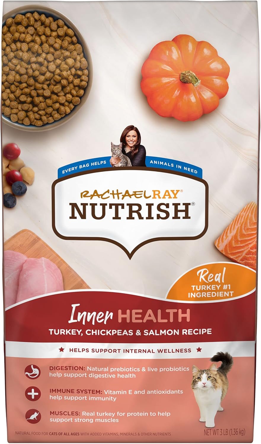 Rachael Ray Nutrish Inner Health Premium Natural Dry Cat Food With Added Vitamins, Minerals & Other Nutrients, Turkey With Chickpeas & Salmon Recipe, 3 Pounds