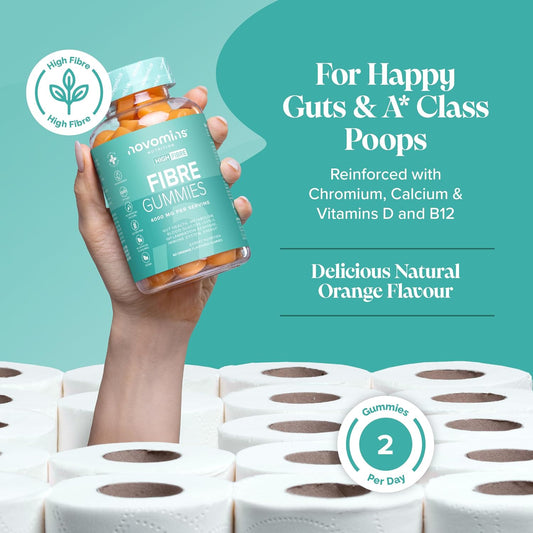 Fibre Gummies – 4000 Mg High Fibre – Fibre Supplements With Calcium For Gut Health And Digestive System Support - Vitamin D, B12, Chromium And Inulin - 60 Gummies – By Novomins