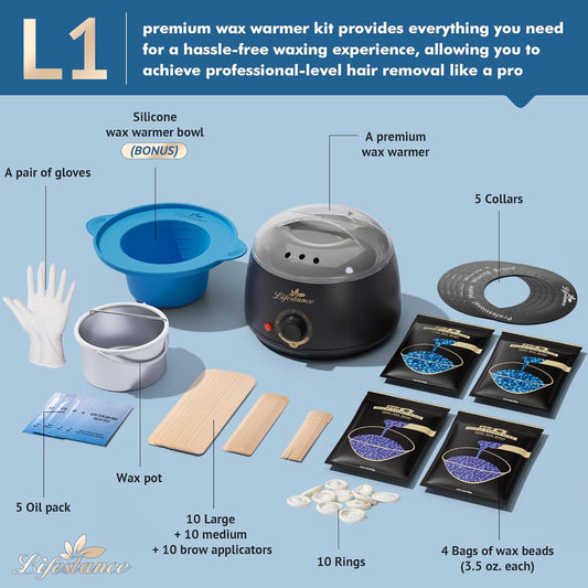 Lifestance Waxing Kit For Women & Men - L2 Digital Wax Pot Warmer, Brazilian & Bikini Hair Removal Kit With 14.1Oz Hard Wax Beads & 42 Accessories, Professional For Face, Leg, Eyebrow, Body At Home