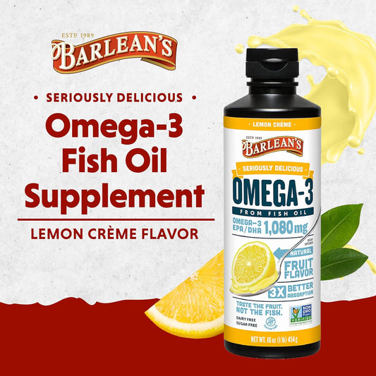 Barlean's Lemon Crème Omega 3 Fish Oil Liquid Supplement, 1080mg of Omega 3 EPA & DHA Fatty Acid, Smoothie Flavored & Burpless for Brain, Joint, & Heart Health, 16 oz