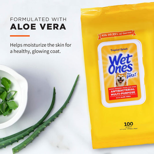 Wet Ones for Pets Multi-Purpose Dog Wipes with Aloe Vera Dog Wipes for All Dogs in Tropical Splash Wipes for Dog Paws & All Over Use 100 Ct Pouch Dog Wipes FF12843 100 Count