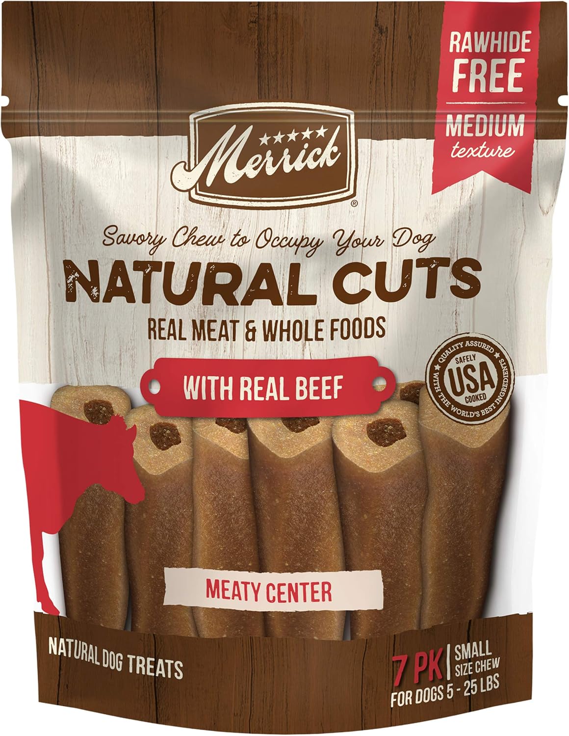 Merrick Natural Cuts Chicken Free Non Rawhide Small Dog Treats, Medium Texture Chew Sticks With Real Beef - 7 Ct. Pouch