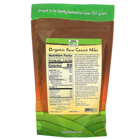 Now Foods, Organic Raw Cacao Nibs, Rich, Pure Cacao Bean Bits, Dark Chocolate Flavor, Certified Non-Gmo 8-Ounce (Packaging May Vary)