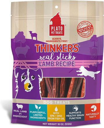 Plato Pet Treats Air Dried Dog Treats Lamb Thinkers Sticks, Natural Dog Treats, Real Meat, Air Dried, Made In The Usa, 18Oz