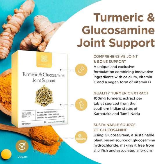 Healthspan Turmeric & Glucosamine Joint Support | 60 Tablets | Joint & Bone Health | Added Vitamin C, Vitamin D3 & Calcium | 30mg Boswellia Serrata Extract | Sustainably Source | Vegan