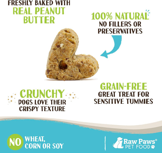 Raw Paws Grain-Free Biscuits For Dogs - Peanut Butter Recipe, 10-Oz - Crunchy Dog Treats Made In Usa - Corn, Wheat & Soy Free Pb Dog Treats - Heart Shaped Puppy Biscuits - Peanut Butter Dog Biscuits