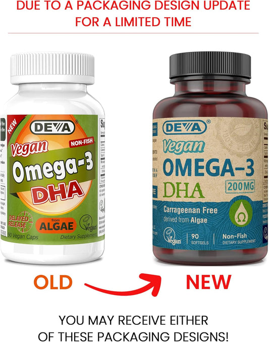 DEVA Vegan Omega-3 DHA Supplement - Once-Per-Day Softgels 200 MG - Carrageenan Free - Gelatin Free - Non-Fish - Algae Oil Omega-3 Fatty Acids - 90 Softgels