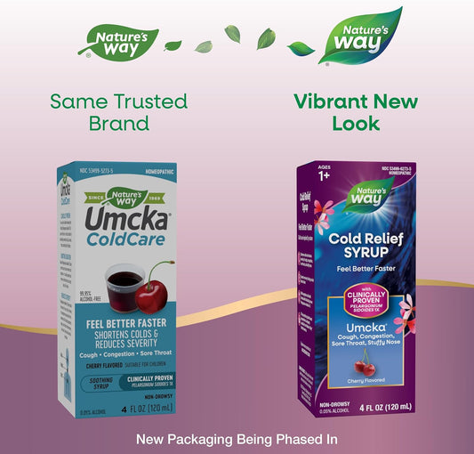 Nature'S Way Cold Relief Syrup, Umcka, Shortens Duration & Reduces Severity, Multi-Symptom Cold Relief, Homeopathic, Phenylephrine Free, Non-Drowsy, Cherry Flavored, 4 Fl Oz (Packaging May Vary)