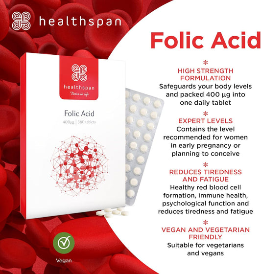Healthspan Folic Acid 400µg | 360 Tablets | Women'S Health | Vitamin B9 | High Strength Formulation | Early Pregnancy | Planning To Conceive | Vegan