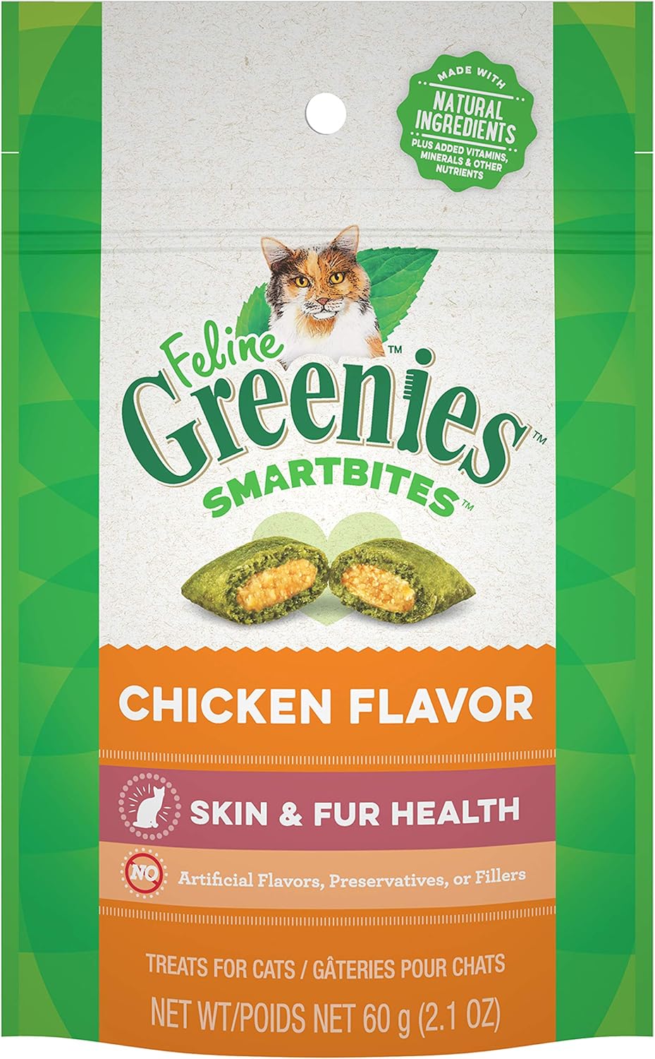 Greenies Feline Smartbites Skin & Fur Crunchy And Soft Natural Cat Treats, Chicken Flavor, 2.1 Oz. Pack