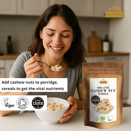 Ausha Organic Cashew Nuts Whole 200G - Uk Certified Organic By Soil Association - 1* Great Taste Award