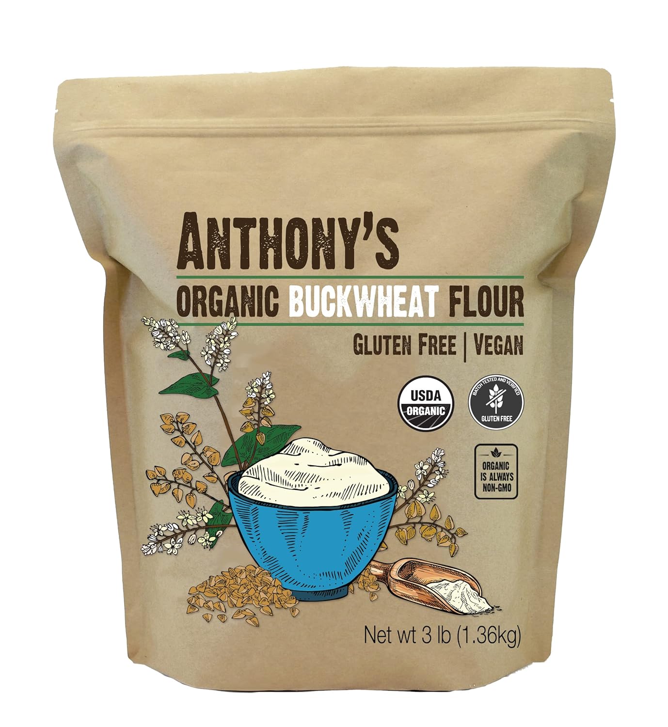 Anthony'S Organic Buckwheat Flour, 3 Lb, Grown In Usa, Gluten Free, Vegan