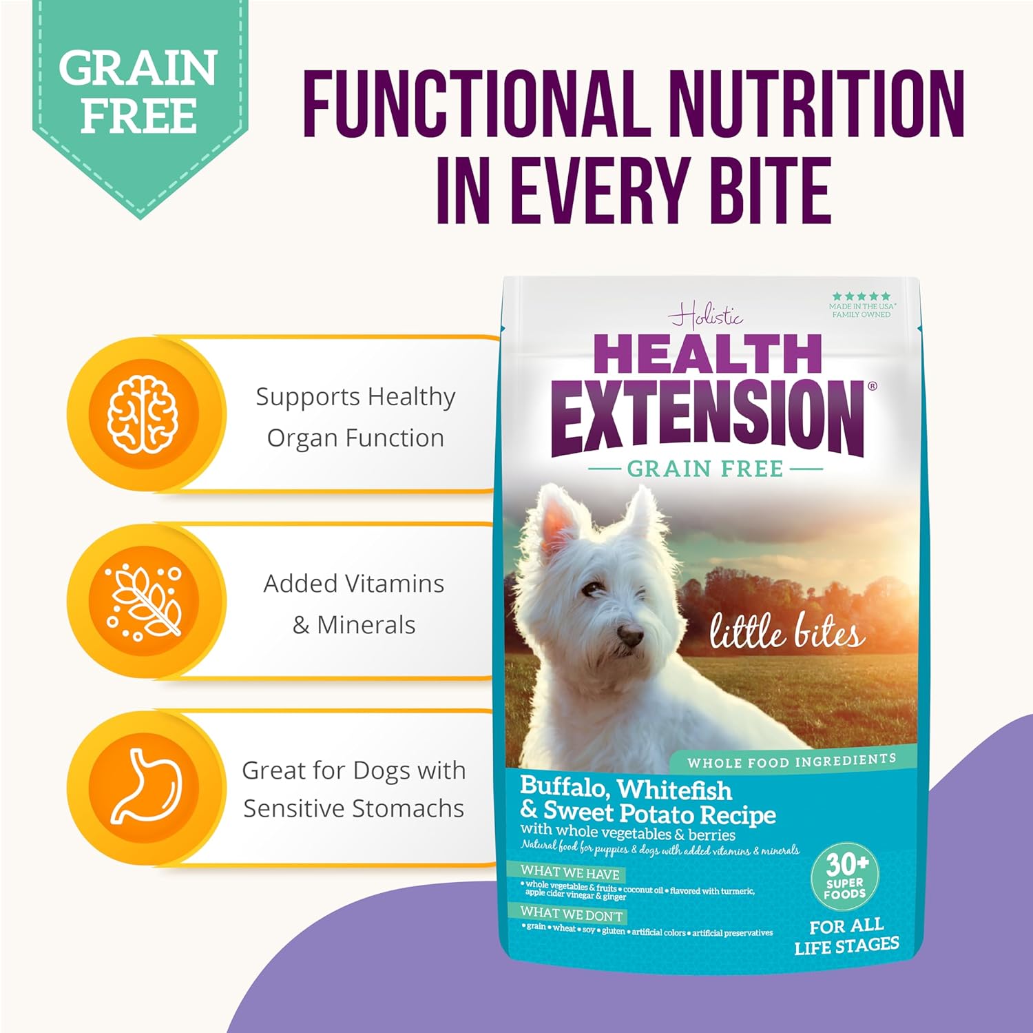 Health Extension Little Bites Dry Dog Food, Natural Food with Vitamins, Suitable for All Puppies, Grain Free Buffalo, Whitefish & Sweet Potato Recipe with Whole Vegetable & Berries (1 Pound / 0.4 kg) : Pet Supplies