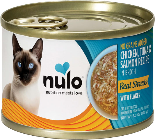 Nulo Grain-Free Real Shreds With Flakes Wet Canned Cat & Kitten Food, Chicken, Tuna, And Salmon In Broth, 6.0 Ounce, 8 Cans