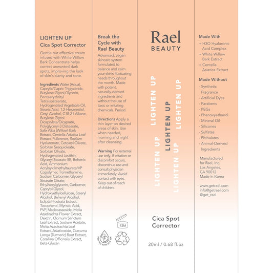 Rael Skin Care, Cica Spot Corrector Cream for Dark Spots - Brightening Serum, Korean Skincare, All Skin Types, with Hydrating Hyaluronic Acid, Cica and Willow Bark Extract, Cruelty Free (0.68oz)