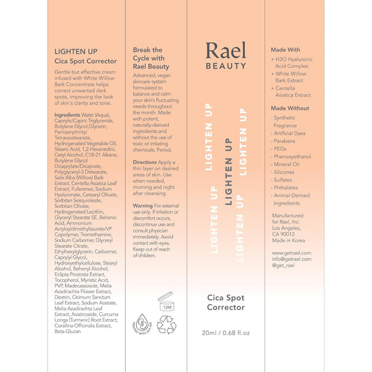 Rael Skin Care, Cica Spot Corrector Cream For Dark Spots - Brightening Serum, Korean Skincare, All Skin Types, With Hydrating Hyaluronic Acid, Cica And Willow Bark Extract, Cruelty Free (0.68Oz)