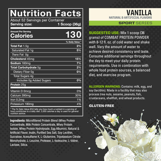 MusclePharm Combat Protein Powder, Vanilla - 4 lb - Gluten Free - 52 S