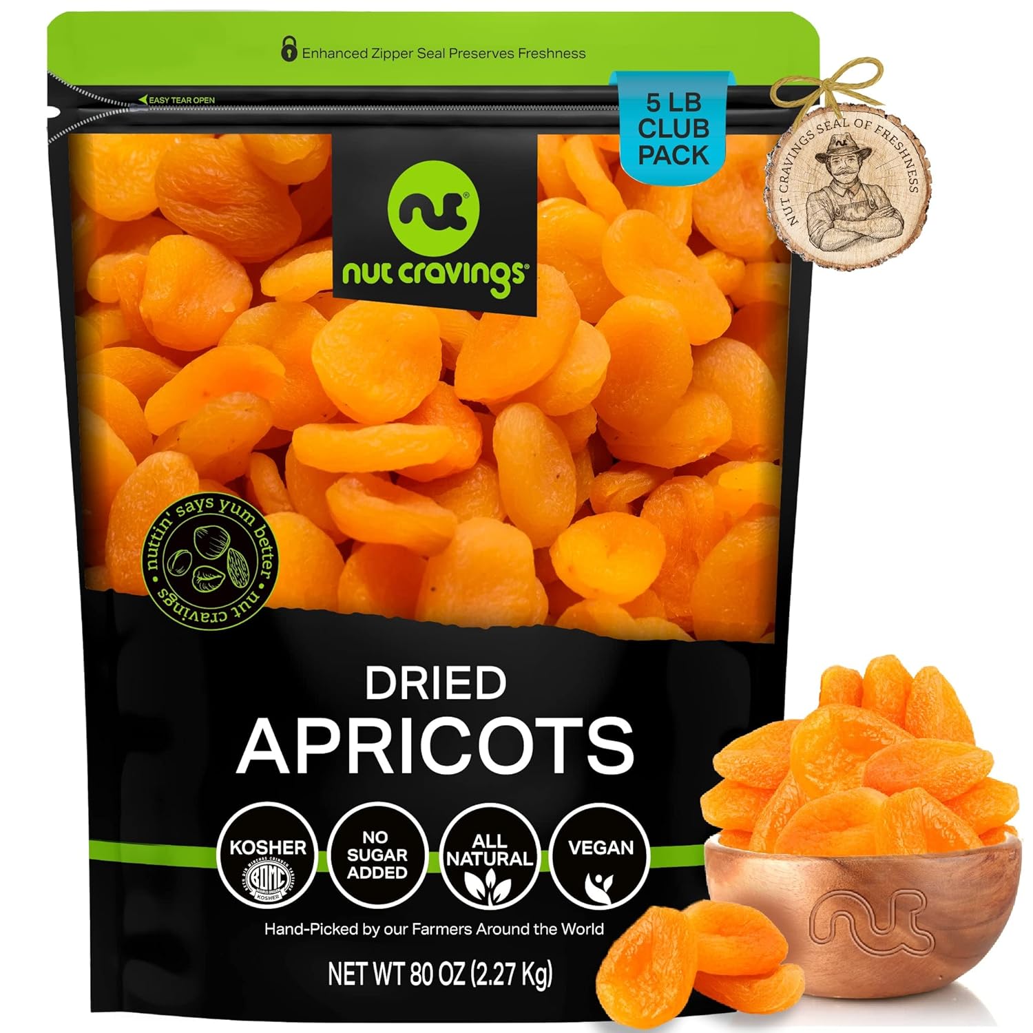 Nut Cravings Dry Fruits - Sun Dried Turkish Apricots, No Sugar Added (80oz - 5 LB, Bulk) Packed Fresh in Resealable Bag - Sweet Snack, Healthy Food, All Natural, Vegan, Kosher Certified