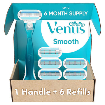 Gillette Venus Smooth Razors For Women, Includes 1 Handle, 6 Razor Blade Refills