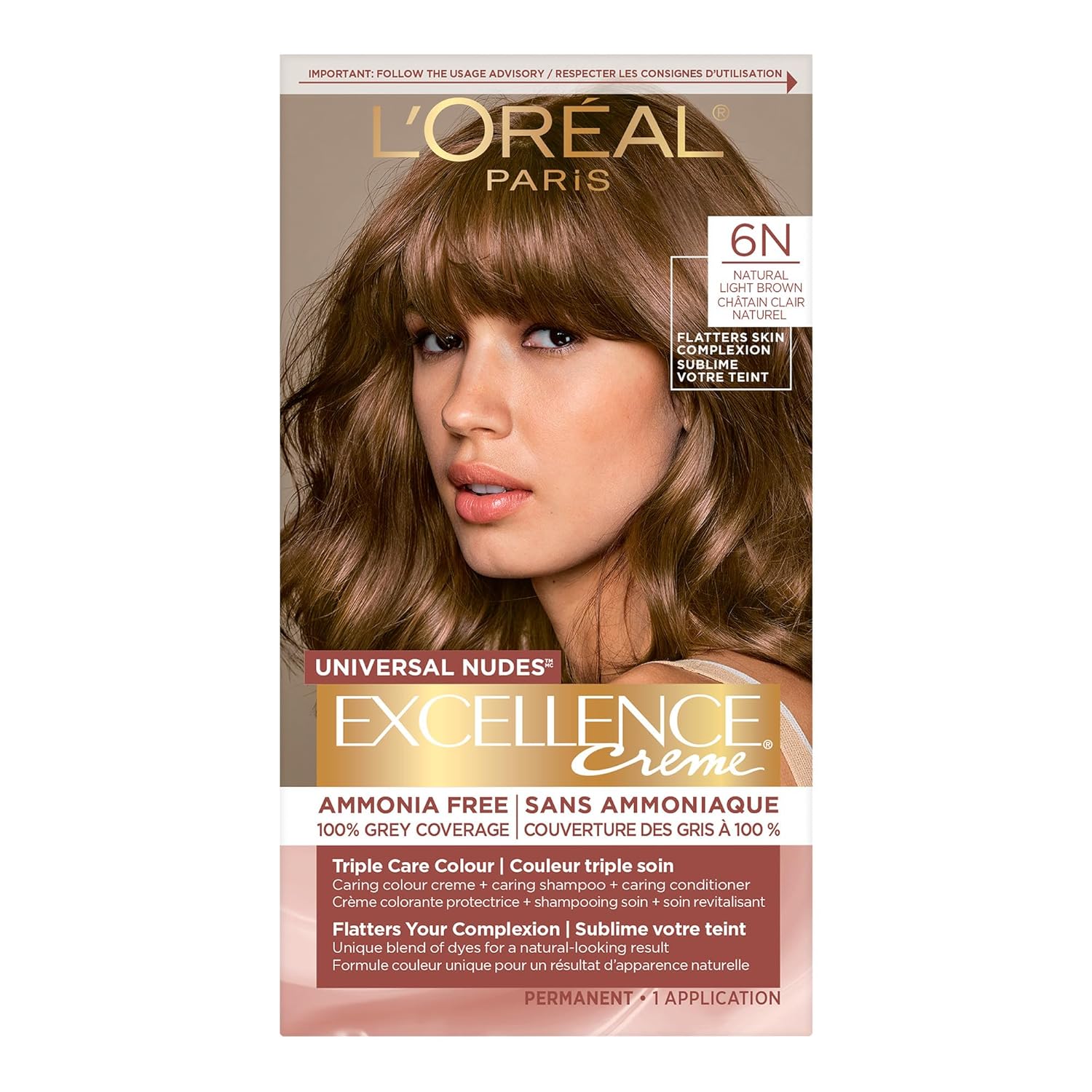 L’Oréal Paris Excellence Universal Nudes Permanent Hair Color, Ammonia Free Hair Dye For Gray Hair Coverage, 6N Natural Light Brown, 1 Hair Dye Kit