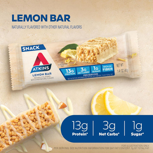 Atkins Snack Bar, Lemon Bar, 13G Protein, 3G Net Carbs, 1G Sugar, Made With Real Almond Butter, Gluten Free, High In Fiber, Keto Friendly, 16 Count