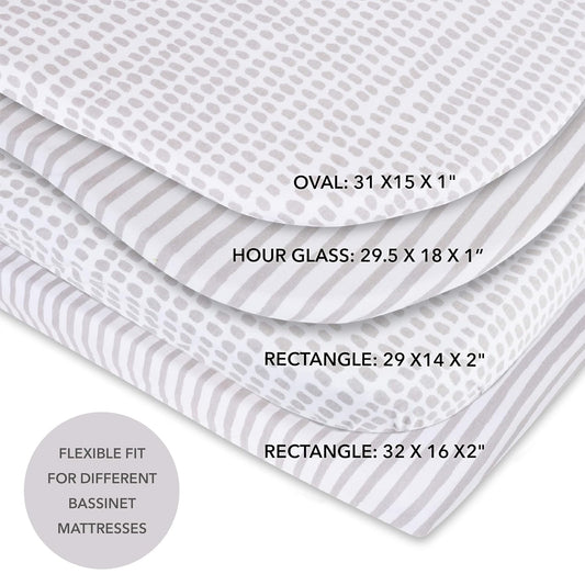 Ely'S & Co. Patent Pending Waterproof Bassinet Sheet, No Need For Bassinet Mattress Pad Cover, 2 Pack Neutral Taupe Grey Splash & Stripes,For Baby Girl And Boy