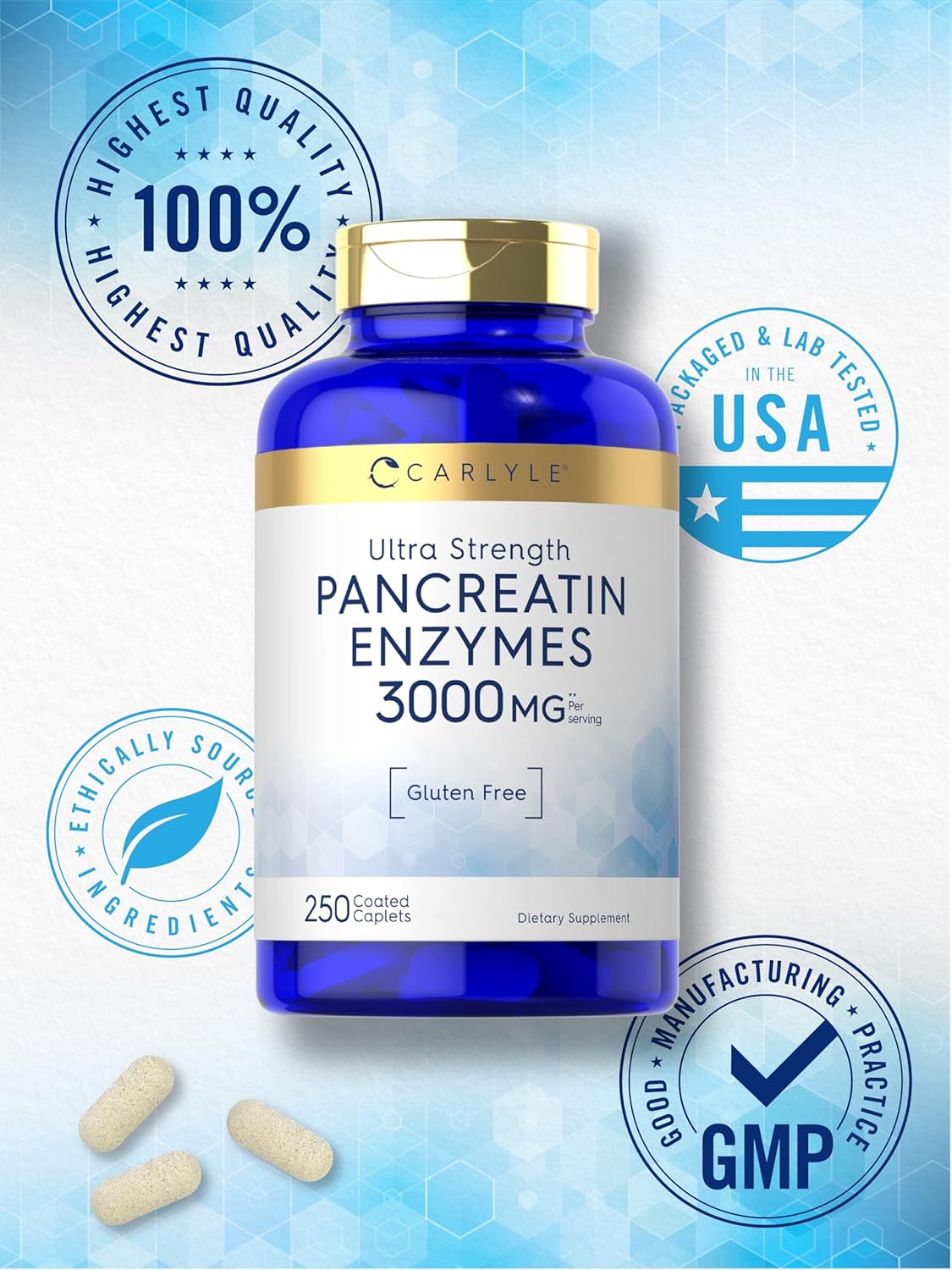 Carlyle Pancreatin Digestive Enzymes | 3000Mg | 250 Caplets | Non-Gmo, Gluten Free | High Potency Formula : Health & Household