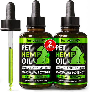 Pet Hemp Oil Drops Treats for Dogs and Cats - Anxiety, Stress, Pain - Calming Aid - Hip and Joint Support Relief -and Skin Health - Rich in Omega 3-6-9 - Made in USA, (2 Pack)