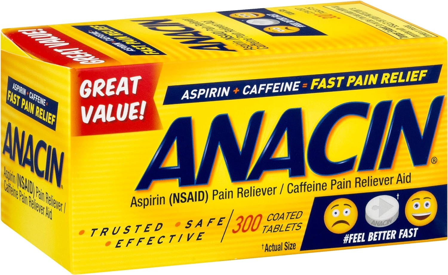 Anacin Aspirin/Caffeine Pain Reliever Aid | Fast Pain Relief | 300 Tab