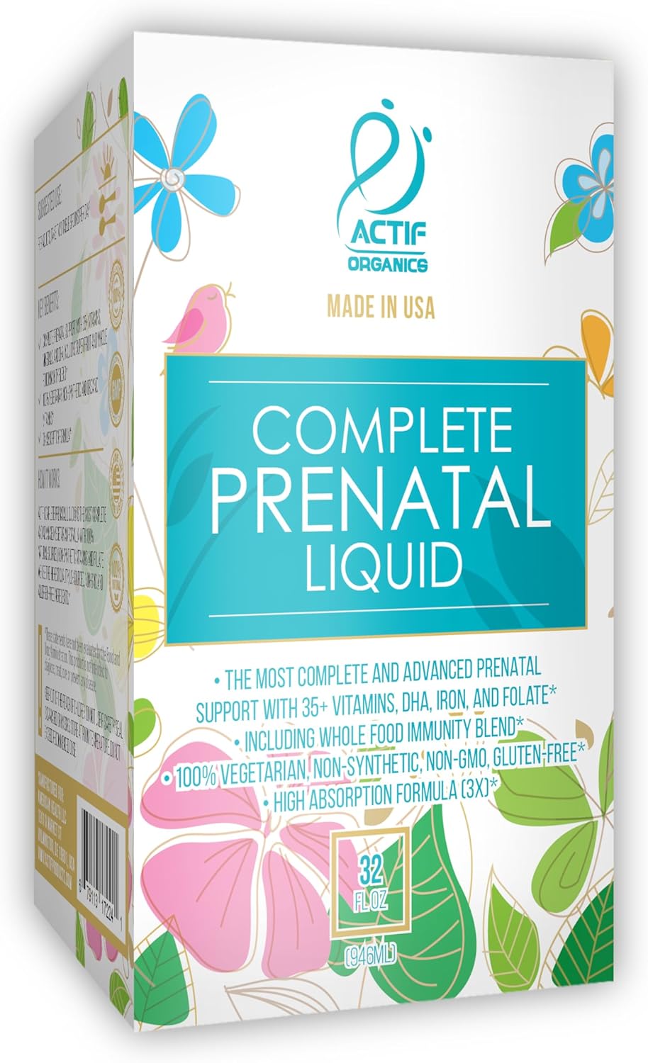 ACTIF Organic Complete Prenatal Liquid with 45+ Vitamins and Organic Herbs, with DHA and Choline, Non-GMO, Made in USA, 32oz : Health & Household