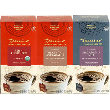 Teeccino Herbal Tea Variety Pack - Reishi Eleuthero French Roast, Turkey Tail Astragalus, & Macadamia Nut - Mushrooms & Adaptogenic Herbs, 25 Count (Pack Of 3)