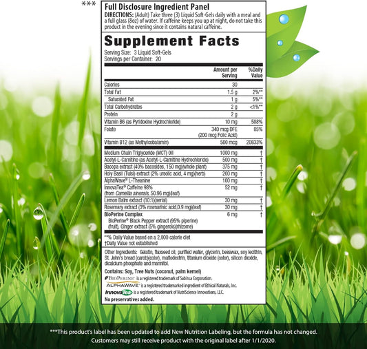 Irwin Naturals Brain Awake Enhanced Mental Performance, Increased Focus, Boost Clarity & Concentration - Powerful Nootropic Booster With L-Theanine, Bacopa, Mct'S & Innovatea - 60 Liquid Softgels