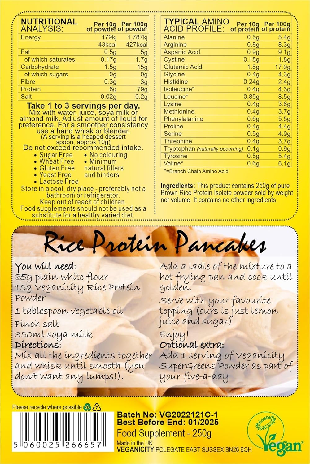 Veganicity Brown Rice Protein Powder : Natural And Unflavoured 80% Protein Powder - 250G, In A Recyclable Pouch