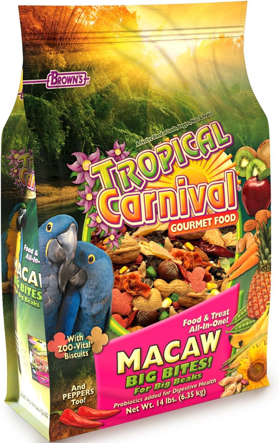 F.M. Brown'S Tropical Carnival, Gourmet Macaw Food Big Bites For Big Beaks - Seeds, Veggies, Fruits, And Nuts With Probiotics - 14 Lb