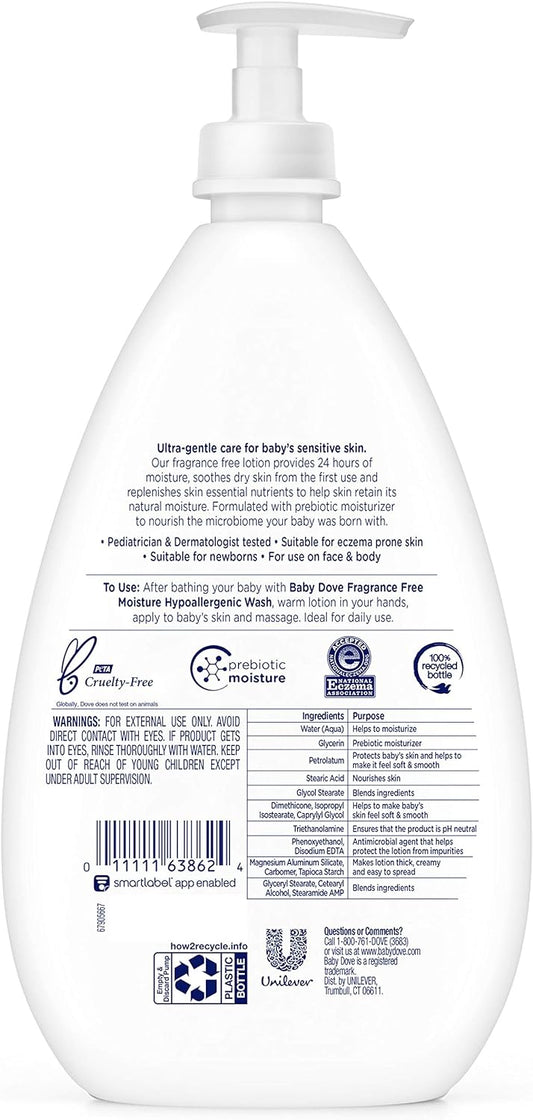 Baby Dove Face and Body Lotion for Sensitive Skin Sensitive Moisture Fragrance-Free Baby Lotion 20 oz