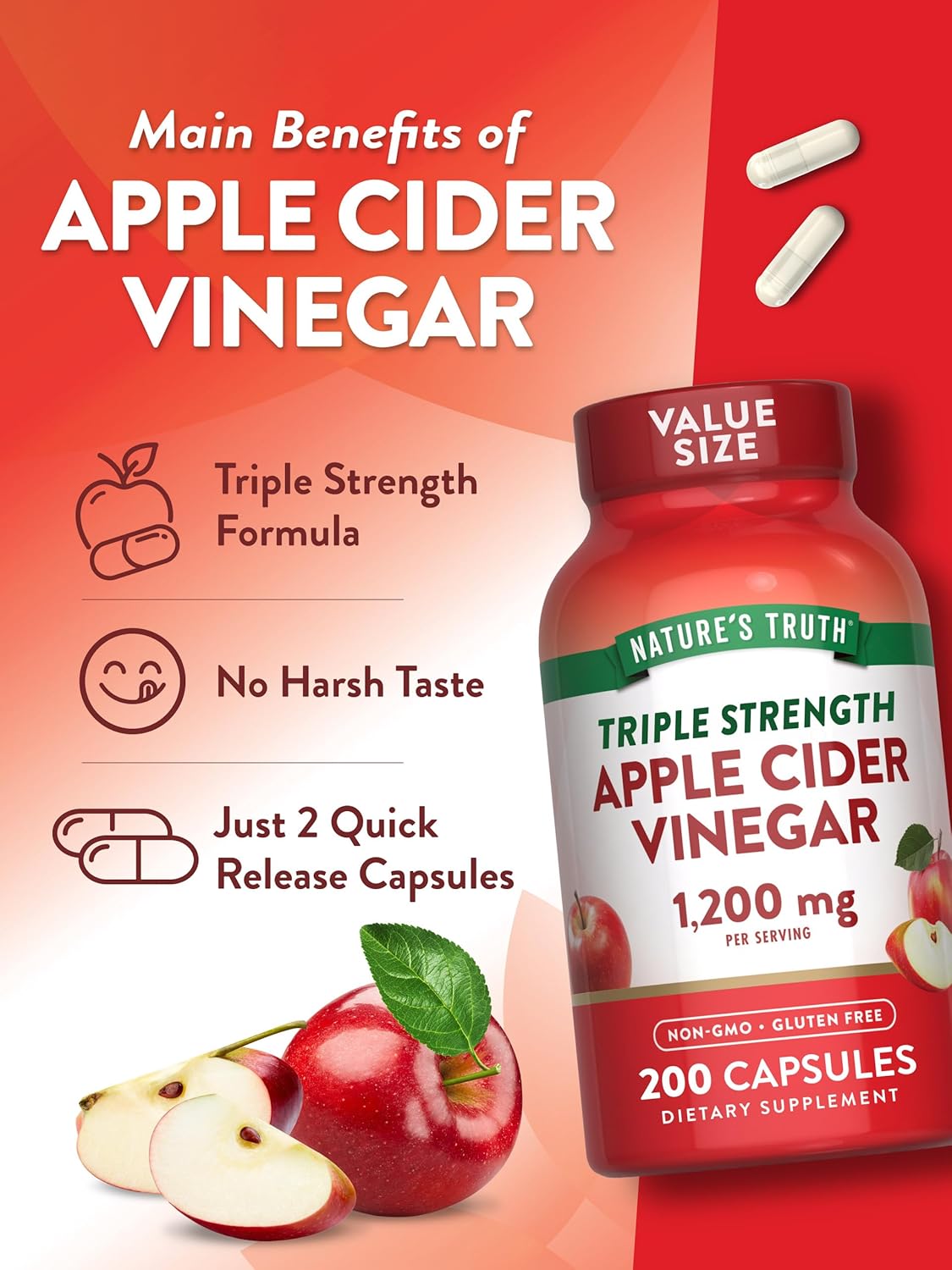 Nature's Truth Apple Cider Vinegar Capsules | 1200mg | 200 Pills | Extra Strength | Value Size | Non-GMO, Gluten Free Supplement : Health & Household