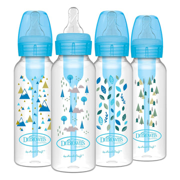 Dr. Brown'S Natural Flow Anti-Colic Options+ Narrow Baby Bottle, Blue Nature, 8 Oz/250 Ml, With Level 1 Slow Flow Nipples, 0M+, 4 Count (Pack Of 1)