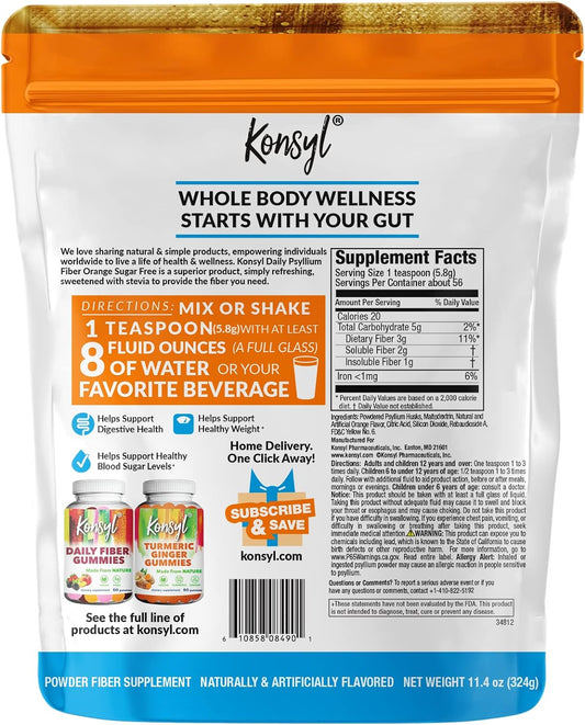 Konsyl Daily Psyllium Fiber -Orange Flavor- 100% Natural Psyllium Husk Powder - Sugar Free & Gluten Free - 11.4oz / 324g