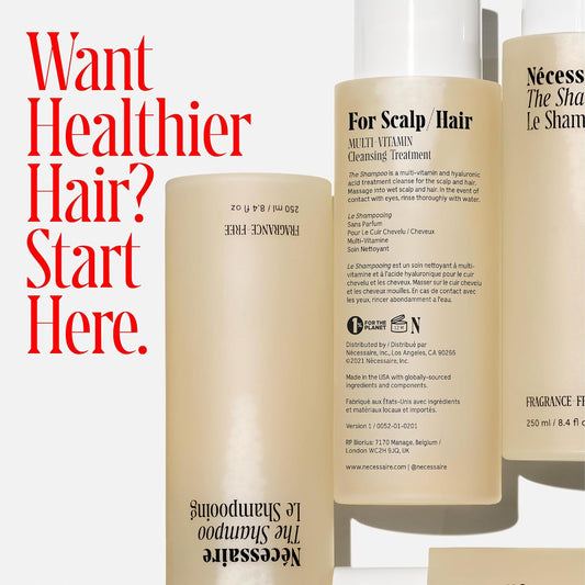 Nécessaire The Hair Duo. 2 X Full-Size. The Shampoo + The Conditioner. Hyaluronic Acid + Vitamin B Complex. Fragrance-Free. Approved By The National Eczema Association