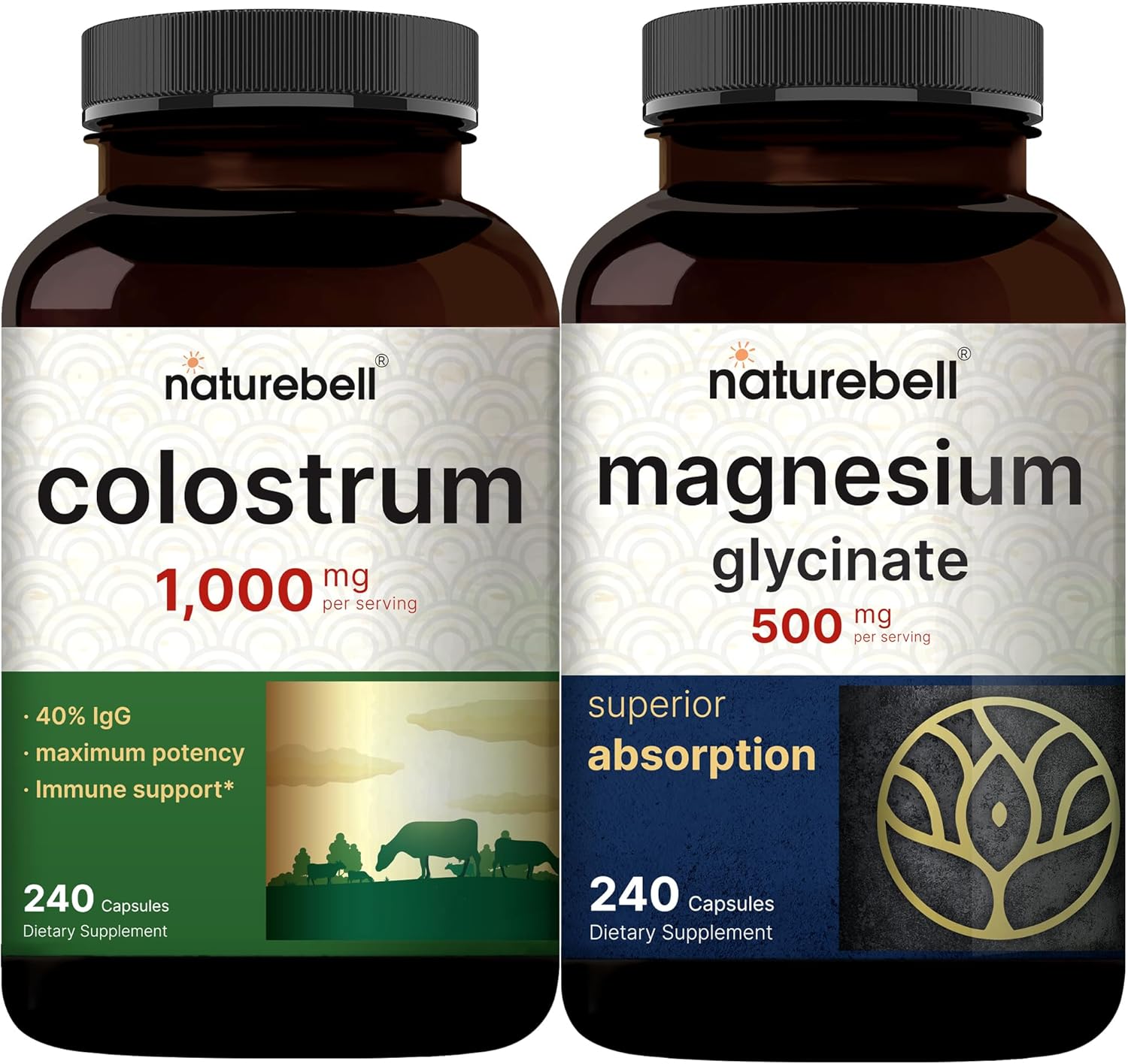 Naturebell Magnesium Glycinate Capsules 500Mg & Colostrum Capsules 1,000Mg Per Serving Bundle Pack | Chelated & Purified Mineral | Mother’S First Milk From Grass Fed Bovine