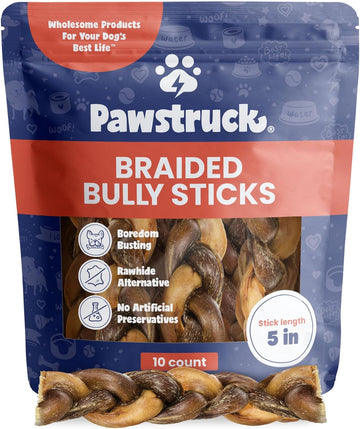 Pawstruck Natural 5” Braided Bully Sticks for Dogs - Tough Long Lasting, Rawhide Free, Low Odor, Healthy Single Ingredient Chew Treat for Aggressive Chewers - 10 Count - Packaging May Vary