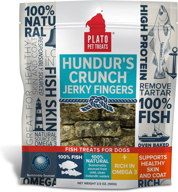 Plato Pet Treats Air Dried Dog Treats Hundur'S Crunch Single Ingredient Cod Skin Dog Treats, Jerky Fingers, For Healthy Skin & Coat, Grain Free, All Natural Cod, Single Ingredient Fish, 3.5Oz