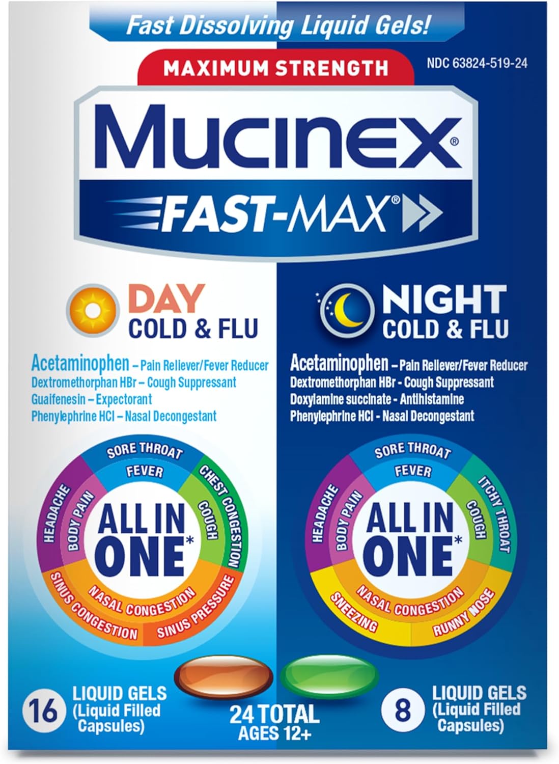 Mucinex Fast-Max Day Cold And Flu & Night Cold And Flu Medicine For Adults, Day/Night Combo Pack For Fever, Sore Throat Relief, Decongestant, Cough & Cold Medicines, 24 Fast-Dissolving Liquid Gels