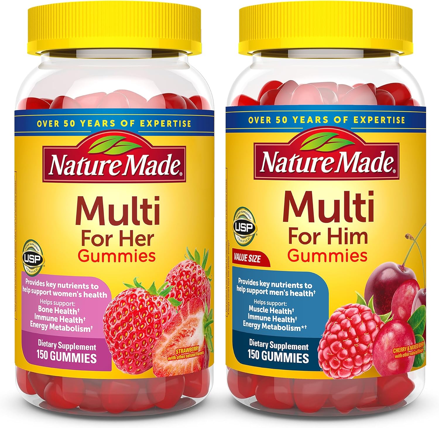Nature Made Multivitamin Gummies Combo Pack For Him & Her, Tasty Men & Womens Multivitamin With Vitamin C, Vitamin D3, B Vitamins, Zinc & More, Two Multivitamin Bottles