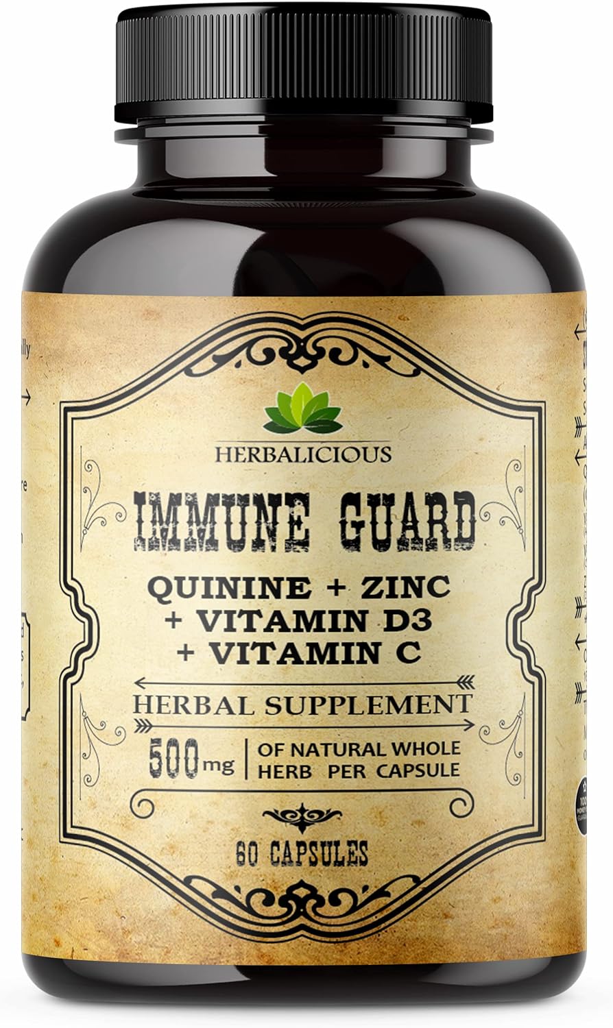 Quinine Immune Guard - Quinine Capsules Supplement With Vitamin C, D3, Zinc - For Muscle Cramps Relief & Stomach Wellness - Non-Gmo Cinchona Bark Herbal Supplements - 500Mg, 60 Capsules